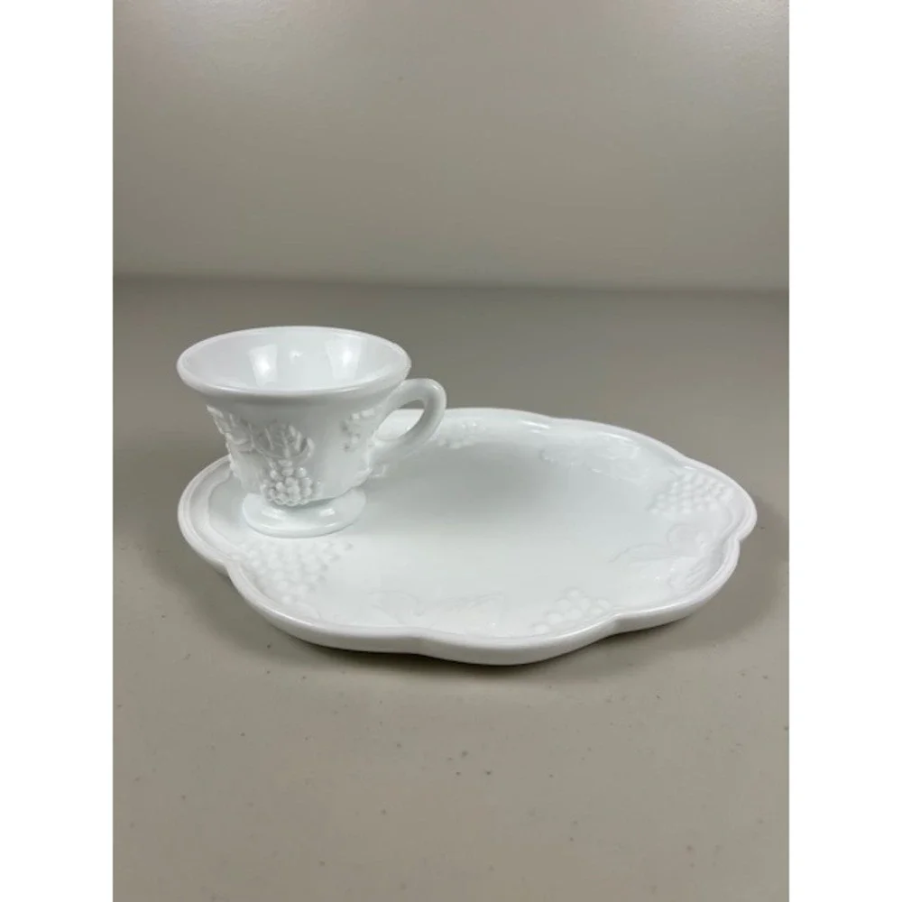 Westmoreland Milk Glass Grape Pattern Snack Set Plate and Cup White Vintage